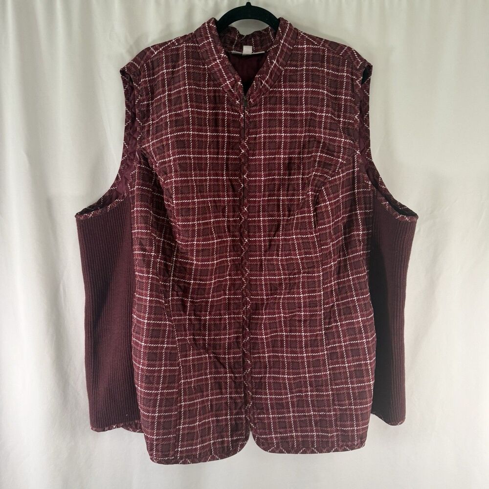 Woman Within Vest Women's 3X 30/32 Red Plaid Full Zip Stretch Lightweight